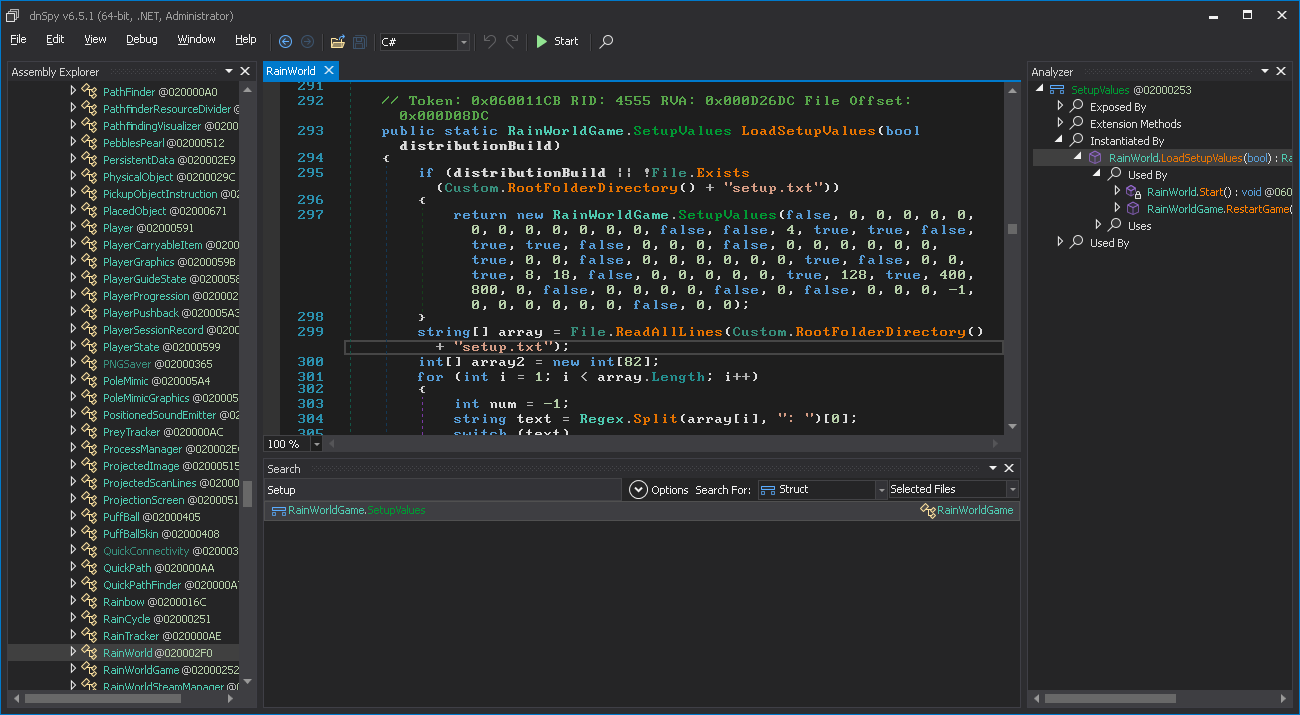 dnspy showing a piece of code initializing a struct called “SetupValues”. the argument list is ridiculous