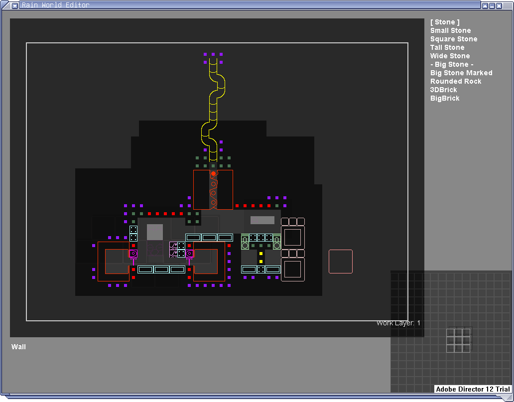 the same room, now in tile view. i applied relatively sparse tiling to the new chambers, floors are paved with flat metals, there’s some random machines and two tiny compartments on the right are separated with small pipes