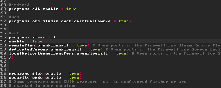 screenshot of a bit of configuration.nix opened in micro, with lines adding steam and i just edited to enable it