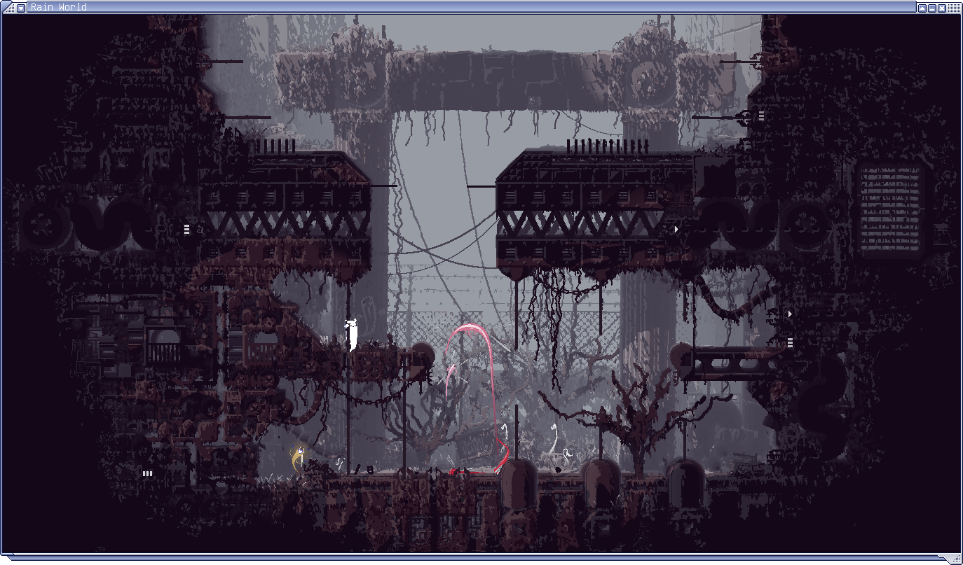 a family of noodleflies and a survivor staring each other down in the “two maws” room just west of outskirts to industrial gate