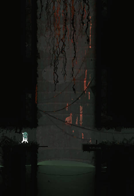 indoors shoreline room, with a vertical haft connecting the top to player-accessible pipe swimming section