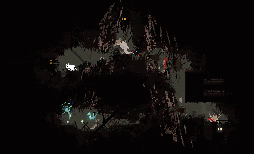 a scav party, survivor and two blue overseers in one of the wastes indoor crossroads rooms